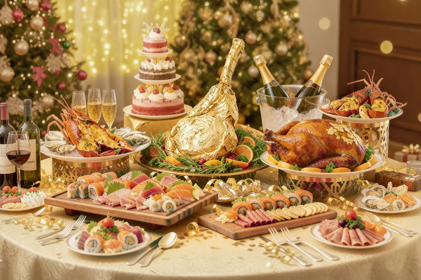 Tiệc buffet Giáng sinh với món dát vàng và cây thông trang trí