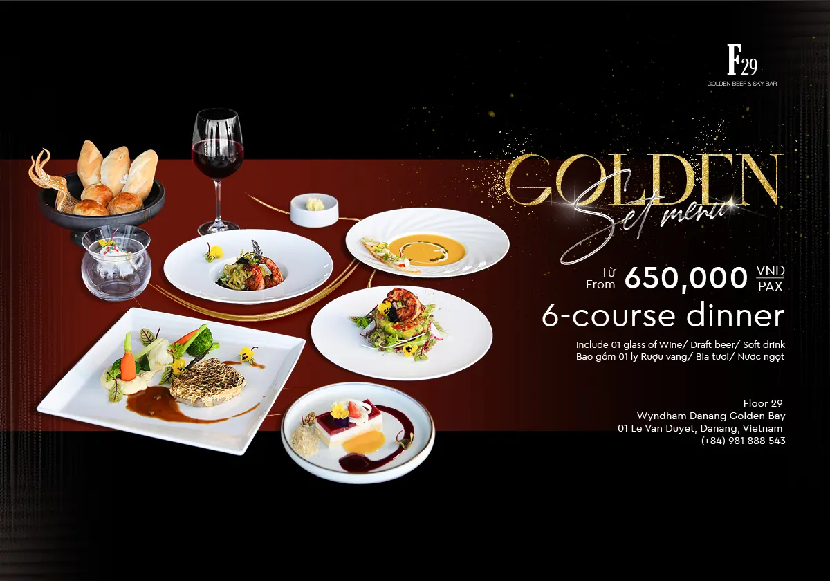 Banner set menu dát vàng tại F29 Golden Beef & Sky Bar