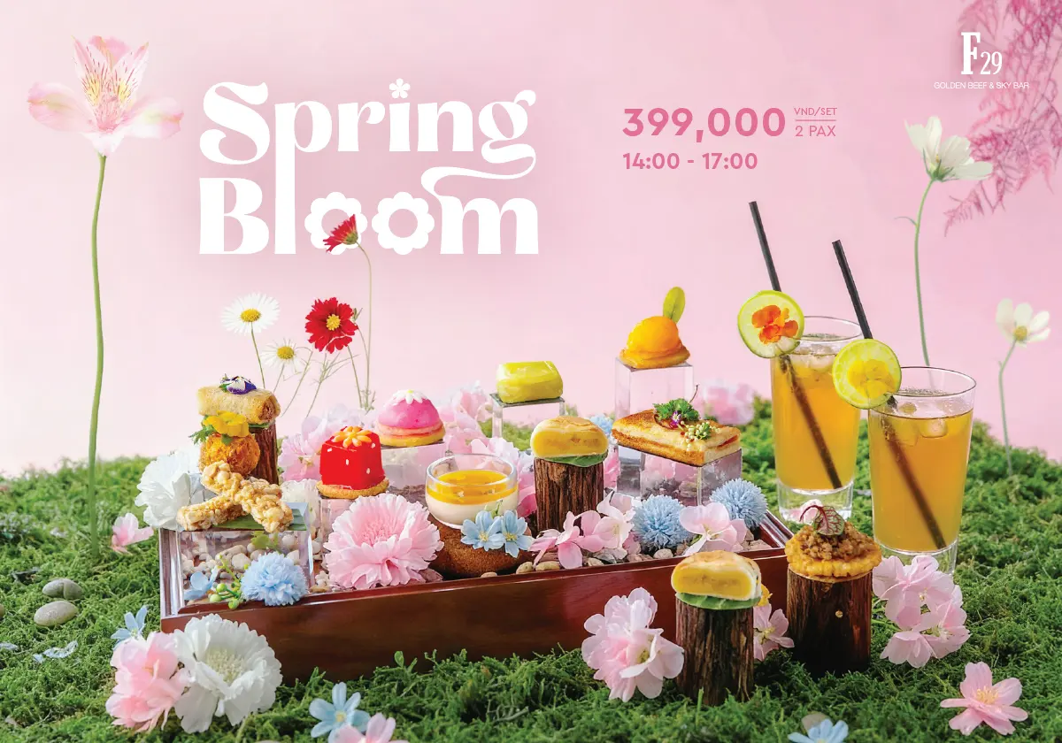 Banner trà chiều Spring Bloom tại F29 Golden Beef & Sky Bar