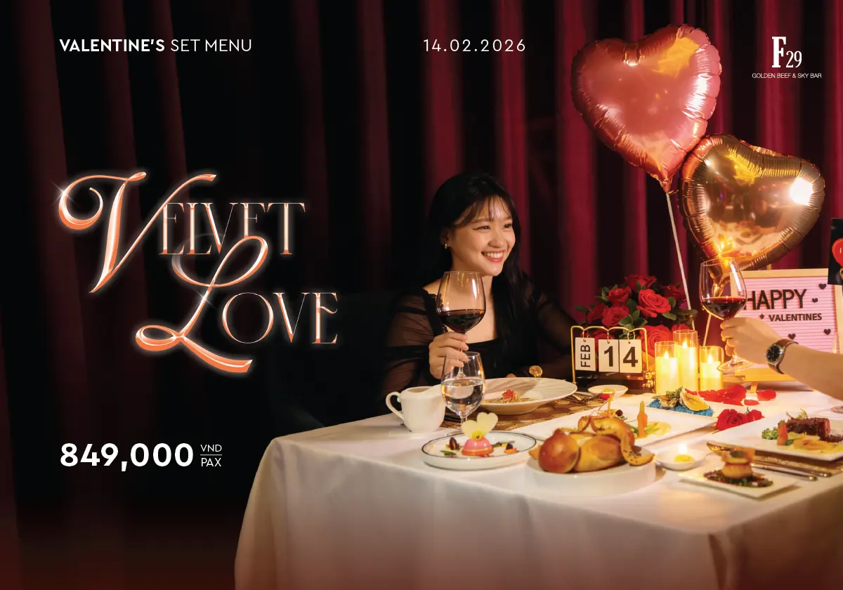 Banner set menu Velvet Love cho Lễ Tình Nhân tại F29 Golden Beef & Sky Bar